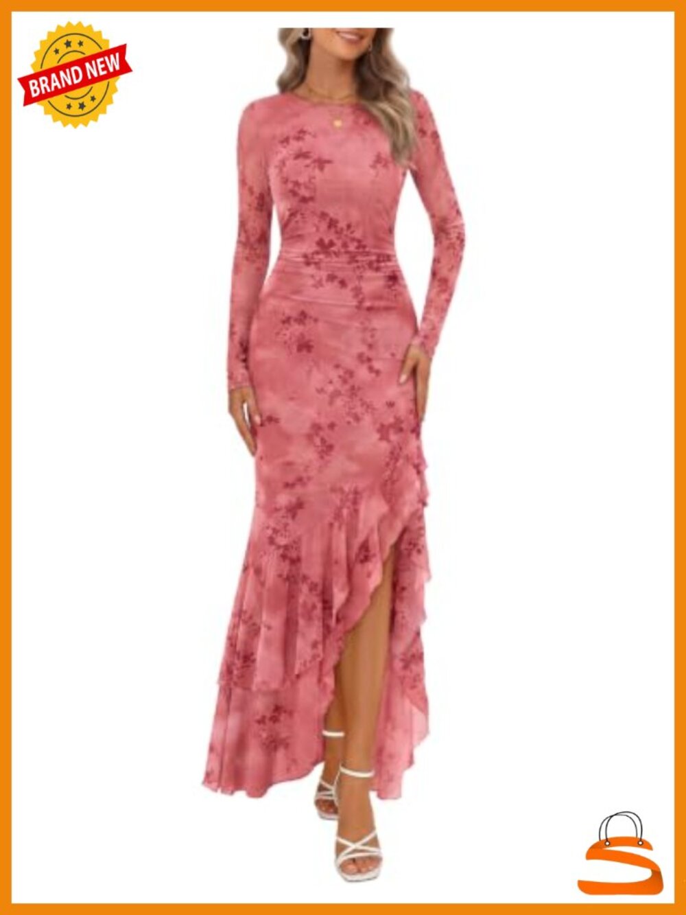 Women's Floral Velvet Mesh High Low Maxi Dress Long Sleeve Formal Cocktail